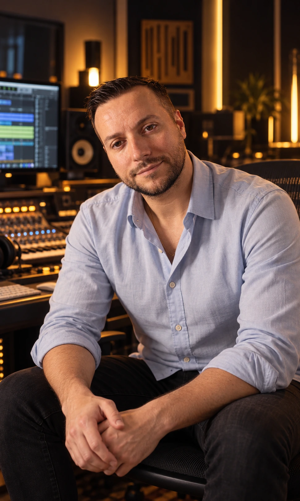 Ludovic Leeva dans un studio de production musicale, devant une console de mixage